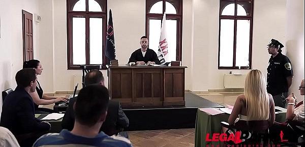  Sexy lawyer Helena Valentine negotiates DP at court with horny babe Aisha GP362